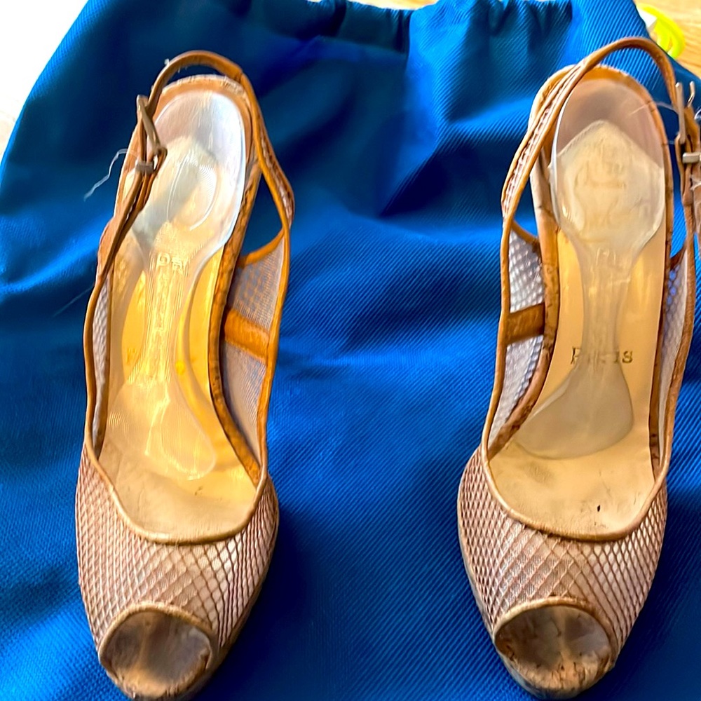 Nude Christian Louboutin peep toe sling back heel